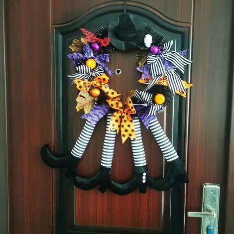 Couronne de Porte avec Jambes de Sorcière d'halloween, avec Citrouille, Feuilles D'érable et Design Unique Fait à la Main pour la Décoration d'halloween (1)