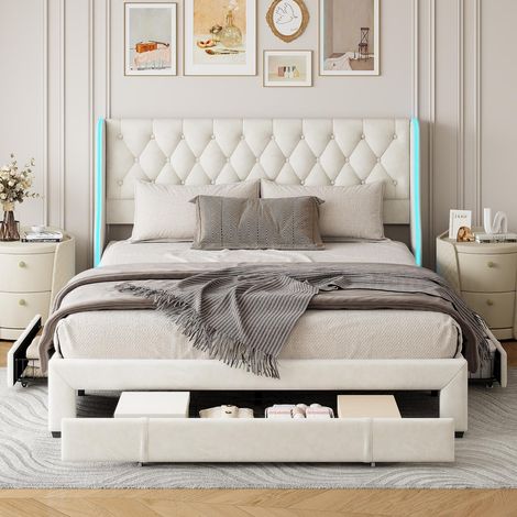 Bett 160x200 cm mit Schubladen - Kopfteil mit 3 Ablagefächern und LED - modernes Doppelbett mit Lattenrost - Samt - Beige