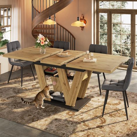 Table à manger extensible effet bois noir naturel 119-158,5x80 cm, table cuisine en MDF avec rangement intégré, pieds en W (1/5)