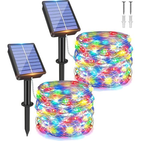 Lot de 2 guirlandes lumineuses solaires d'extérieur - Fil de cuivre - 20 m - 200 LED - 8 modes - Résistantes aux intempéries - Pour jardin, balcon, sapin de Noël - Multicolore (1/5)