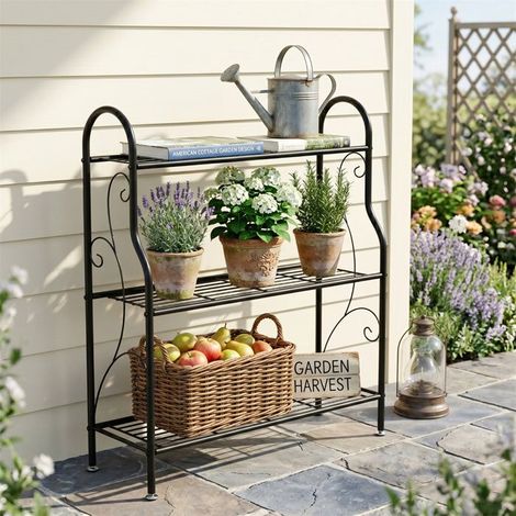 Support pour plantes - CIPACHO - 3 niveaux - Métal - Design scrollwork - Noir (1/5)