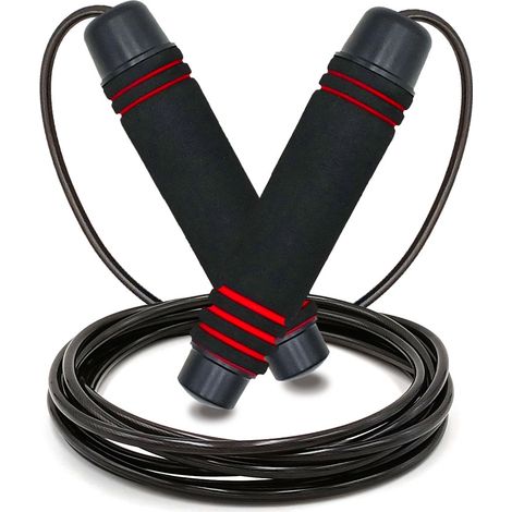 Corde à sauter avec cordon réglable anti-nœuds, dotée de roulements à billes rapides et de poignées en mousse souple. (1/5)