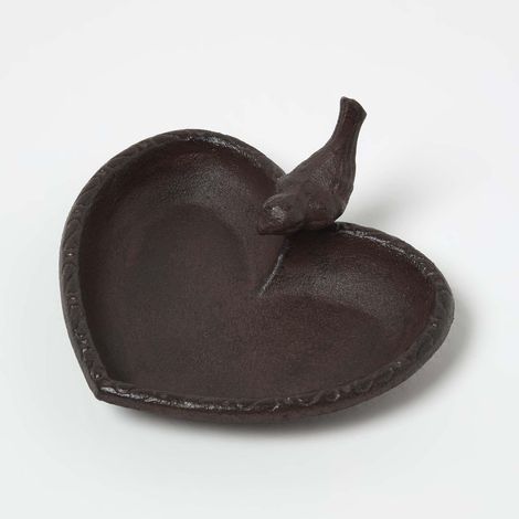 HOMESCAPES Brown Decorative Bird Rustic Heart Bird Bath Cast Iron