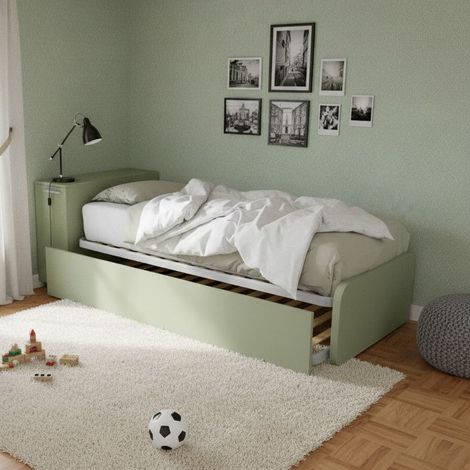 Letto singolo con secondo letto estraibile e testata testiera contenitiva - 80x190 - Salvia