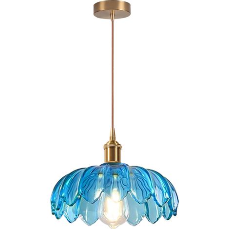 Rétro Lustre Suspension en Verre forme Fleur Vintage E27 Lampe de Plafond Abat-jour pour Chambre Cuisine Salon Salle à Manger Blue