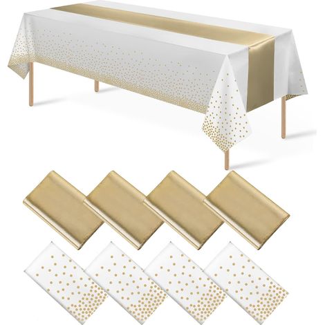 Nappe Jetable En Plastique - Nappe Rectangulaire 137 X 274 Cm Et Chemin De Table En Satin 30 X 274 Cm - Blanc Et Or - Lot De 8 Pièces (1/5)