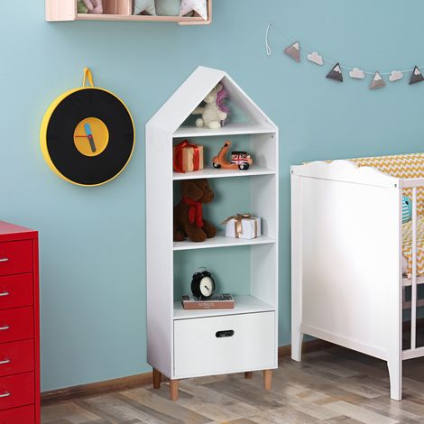 Bücherregal mit Spielzeugaufbewahrung für Kinder- und Jugendzimmer, 1 Schublade und 4 Regalböden, Weiß und Blau, 50 x 30 x 142 cm (1/5)