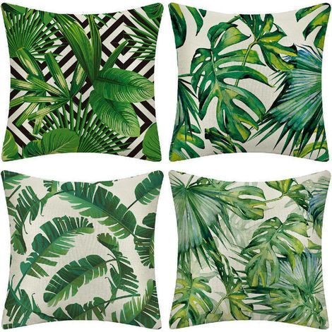 Outdoor Cushion Cover, Set of 4 Waterproof Green Tropical Plant Pattern Sofa Pillowcase for Patio Garden Living Room Bedroom Decoration, 45x45cm - Tropical Plants 01 (1/4)
