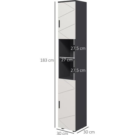 Badezimmerschrank aus Spanplatten mit 2 offenen Regalböden und 2 verstellbaren 2-stufigen Schränken, 30 x 30 x 183 cm, Hellgrau und Dunkelgrau
