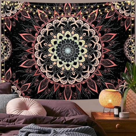 CCYKXA Tapisserie murale Mandala - Indien/bohème - Hippie - Décoration murale - Motif lotus rose - Esthétique - Pour chambre, dortoir, 150 x 130 cm (1/5)