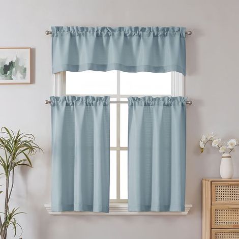 Küchenvorhang-Set aus marineblauem Leinen, 3-teilig, 75 x 36 cm & 76 x 114 cm (1/5)