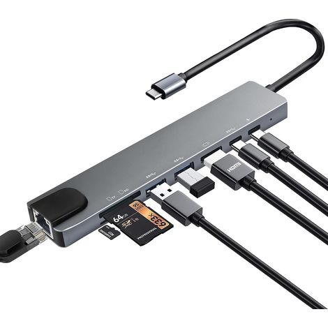 Hub USB C, 8-en-1 Adaptateur USB-C vers HDMI 4K, RJ45 Ethernet, PD 100W, USB 3.0, USB 2.0, Port de données USB-C et Lecteur de Cartes SD/TF, Compatible avec MacBook Pro/Air, iPad Pro, Dell, Surface (1/5)