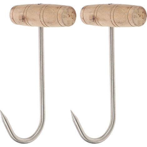 Set aus 2 T-förmigen Fleischhaken aus Edelstahl mit Holzgriffen zum Aufhängen von Speck und Fleisch. – 19 x 10,8 x 7,5 cm (1/4)