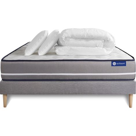 Komplettpaket Bett - Matratze 140x200 cm + Boxspringbett mit Lattenrost (im Set) + 2 Kopfkissen + Bettdecke - Actimemo Pur