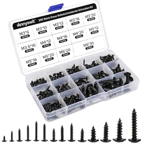 Lot de 200 vis autotaraudeuses Phillips, assortiment M3 M3.5 M4 M5 M6 noir, acier carbone tête ronde pour poignée de porte, bricolage, réparation meubles (1/5)