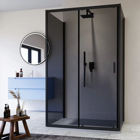 Cabine de douche noire mate à 3 côtés 80 x 115 x 80 cm avec porte coulissante et double paroi fixe en verre fumé de 6 mm h 185 cm Madagascar (1/4)
