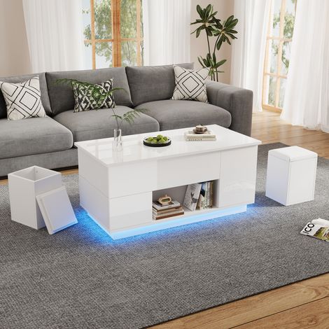 Table basse relevable LED 100 x 50 x 45 cm, 2 tiroirs, 2 tabourets, blanche HAVRYA (1/5)
