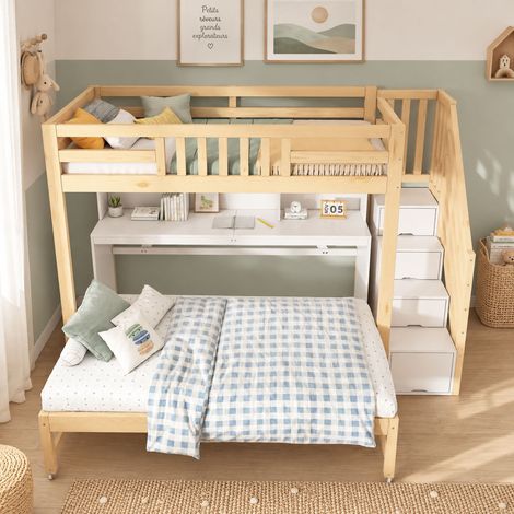 Lit superposé enfant 90x200 + 90x190 cm avec lit sur roulettes, bureau mobile, escalier rangement et étagères, bois blanc et chêne, sommiers inclus, sans matelas (1/5)