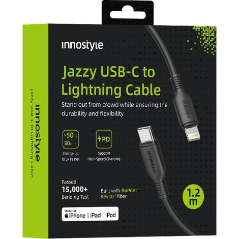 Cavo Innostyle Jazzy USB-C Lightning con ricarica rapida MFi per iPhone, in kevlar, 1 m, nero. (1/5)