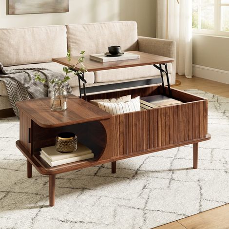 Table Basse Relevable Modern Retro - 100x48x55.5cm - Porte Coulissante et Rainures Verticales - Noyer (1/5)