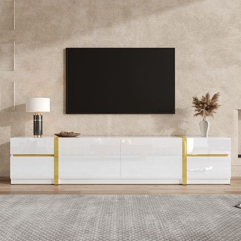 Meuble TV, finition brillante, bordures dorées, avec tiroirs et portes, style moderne, blanc