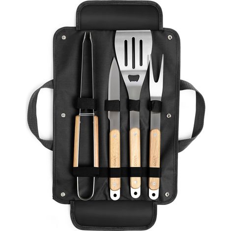 Set de 4 accessoires pour barbecue - Fourchette, pince, spatule, couteau + Pochette - Acier inox, finition bois (1/3)