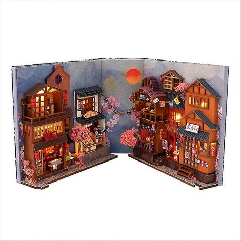 3D-Buchständer-Set aus Holz, japanischer Tavernenstil mit LED-Beleuchtung, DIY-Miniatur-Leseecke, mehrfarbig (1/5)