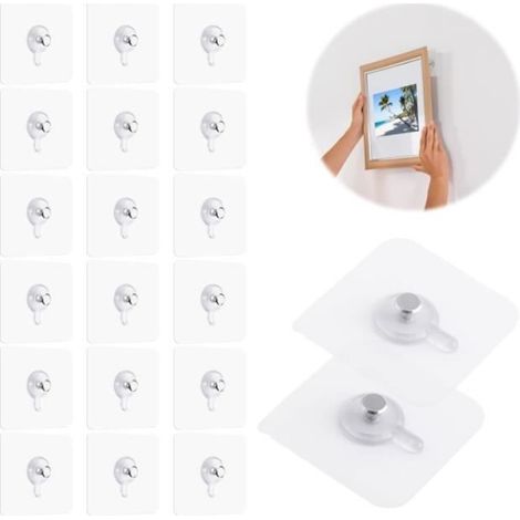 Fixation Cadre Sans Percer, 20pcs Clou Adhésif Mural Attache Tableau sans Poinçon Trou Transparent Crochet Collante de Suspension (1/4)