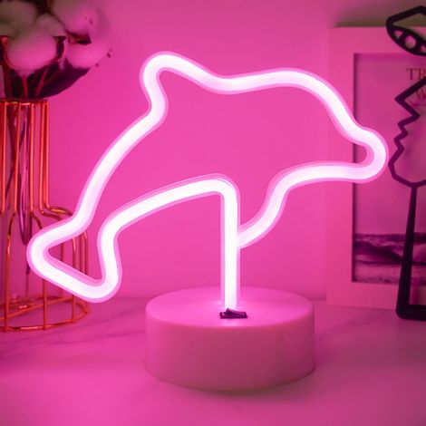 Panneau néon en forme de dauphins, USB ou 3 piles AA, lampe néon en forme de dauphins roses, avec base de support, pour fêtes, mariages, anniversaires, festivals, décorations
