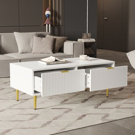Mesa de centro blanca con detalles dorados, 2 cajones, diseño de rayas verticales, 100x50x40 cm (1/5)