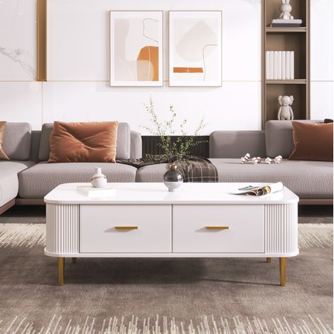 Tavolino da salotto con 4 cassetti, 105 x 51 x 38 cm, MDF bianco, maniglie e piedi dorati DESVIAE (1/5)