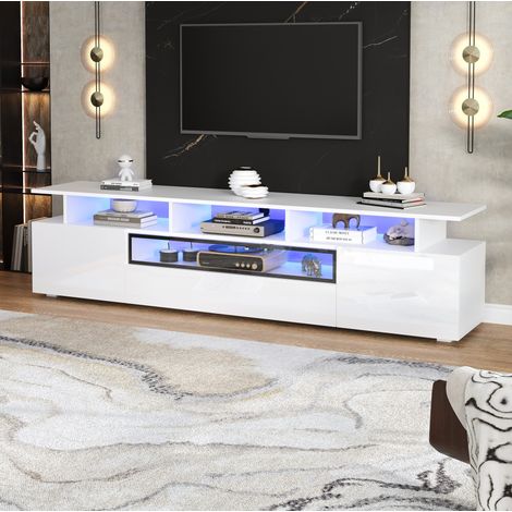 Mobile TV 180x38x45 cm bianco in truciolare lucido con LED, 2 ante, 1 cassetto e 10 vani (1/5)