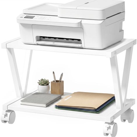 Support pour imprimante à 2 étagères, blanc, idéal pour le bureau et la maison. (1/5)