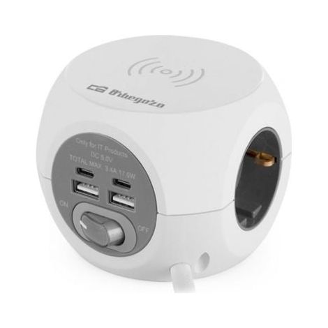 Steckdosenleiste orbegozo en 4500 mit kabellosem Laden/ 3 Steckdosen/ 2 usb a - 2 usb typ c/ weiß und grau