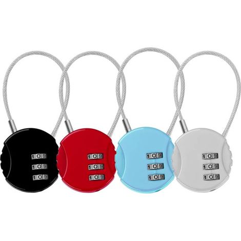 Un juego de cuatro candados de combinación de 3 dígitos, que incluye un candado para maleta, un candado para avión y un pequeño candado de cable de acero. (1/3)