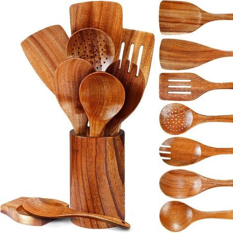Ustensiles de Cuisine en Bois - 9 Pièces Ustensiles de Cuisine - Set de Spatule Antiadhésive - Cuillère - Écumoire - Support (1/5)