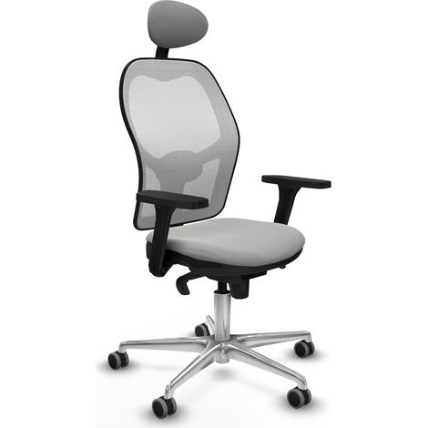 Jorquera sincro malla blanca similpiel gris claro brazos 3D base aluminio cabecero fijo ruedas 65mm engomada (1/5)