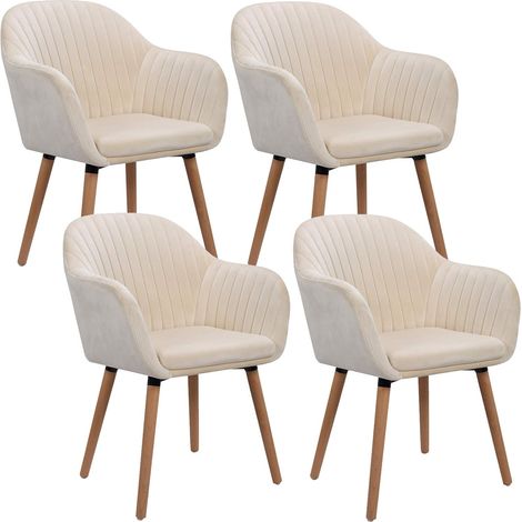 WOLTU 4X Sillas de Comedor Nordicas Estilo Vintage Juego de 4 Sillas de Cocina Sillas Tapizada con Reposabrazos en Terciopelo Estructura de Madera Sillas de Escritorio Crema