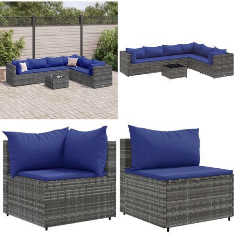 Salon de jardin 7 pcs avec coussins Gris Résine tressée - Salon De Jardin - Meuble De Jardin - Set De Salon - Résine Tressée - Rotin Synthétique - Home & Living (1/5)