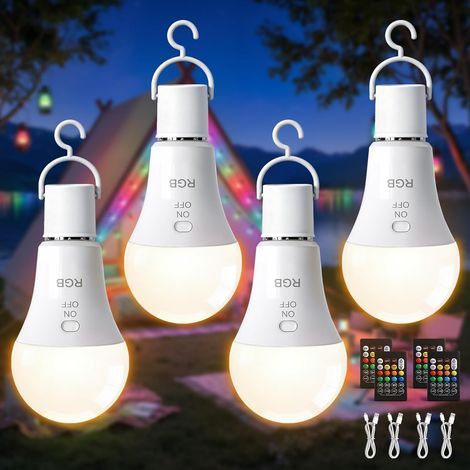 Rechargeable Light Bulb with Remote Control - Battery Operated, No Electricity Required, RGB Dimmable, USB, 7W, E27, Button Control, Pack of 4 (1/5)