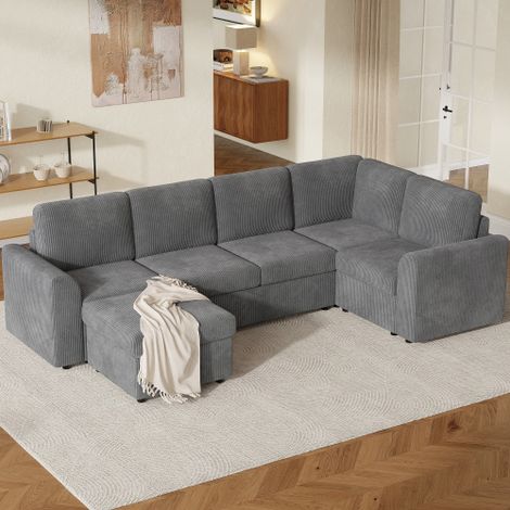 Sofá esquinero cama de felpa (chenilla), con brazos, un taburete multifuncional móvil, gris, 282 x 153 x 85 cm (1/5)