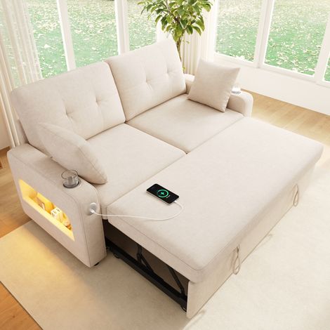 Canapé-lit convertible 2 places avec LED, USB/Type-C, rangement, porte-gobelets, 141,5x131 cm, chenille beige (1/5)