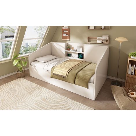 Lit banquette coffre 90 x 190 cm avec 2 étagères et ports USB-C intégrés, rangement hydraulique, accoudoirs arrondis, bois, blanc (1/5)