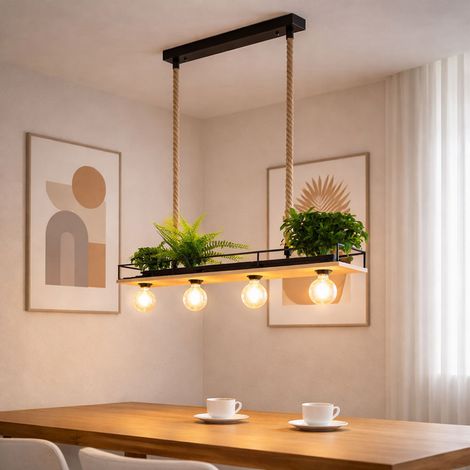 LED Hängelampe Holzleuchte Wohnzimmer Pendelleuchte mit Hanfseil, Platte Metallrahmen schwarz, 4x 7W 630lm warmweiß, LxH 95x120 cm