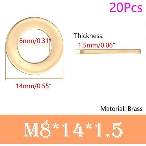 Lot de 20 Rondelle Plate, 8mm x 14mm, Rondelle d'étanchéité Circulaire, Rondelles Annulaires, Laiton Rondelle Plate pour L'étanchéité des Vis (1/5)