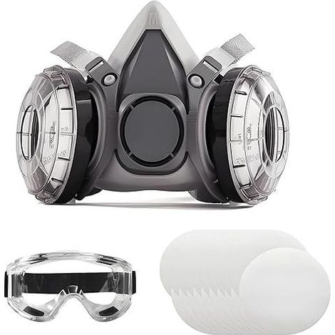 Masque respiratoire, masque anti-poussière 6200, avec lunettes de sécurité, 20 cotons de rechange, idéal pour filtrer la poussière, la fumée et autres particules (1/4)