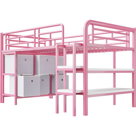 Cama alta infantil 90 x 200 cm de metal con almacenaje rosa y blanco HOMVRA (1/5)