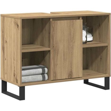 Meuble de Salle de Bain en Chêne Massif 80x33x60 cm, Vasque Intégrée avec Rangements, Style Moderne et Élégant (1/5)