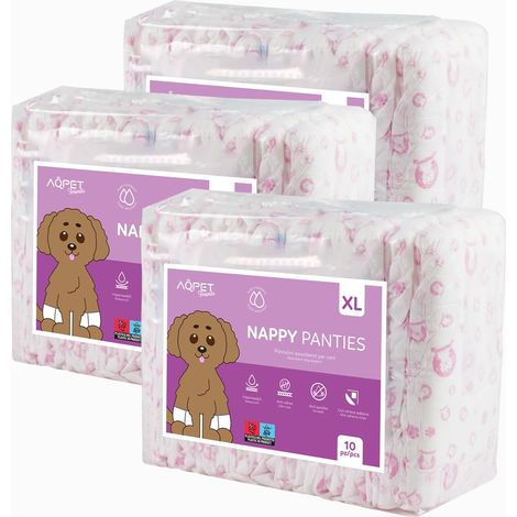 Aqpet Pannolini Igienici Mutanda Assorbente per Cani Femmine per Ciclo Incontinenza con Chiusura Adesiva Regolabile, Anti odore, Usa e getta, Taglia ExtraLarge 600x340mm, Confezione da 30 Pezzi (1/4)