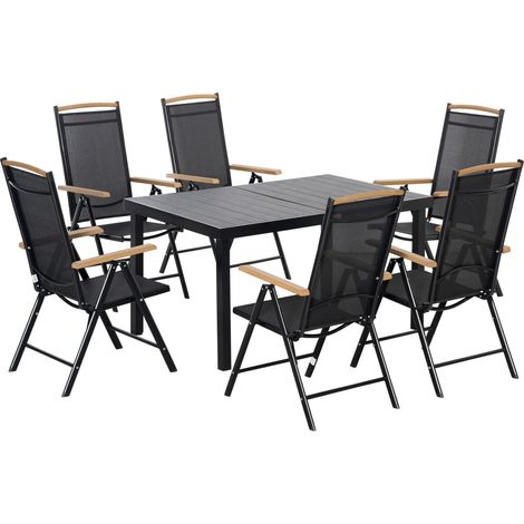 Salon de jardin 1 pièce table et 6 chaises structure pliante aluminium maille noire (1/5)